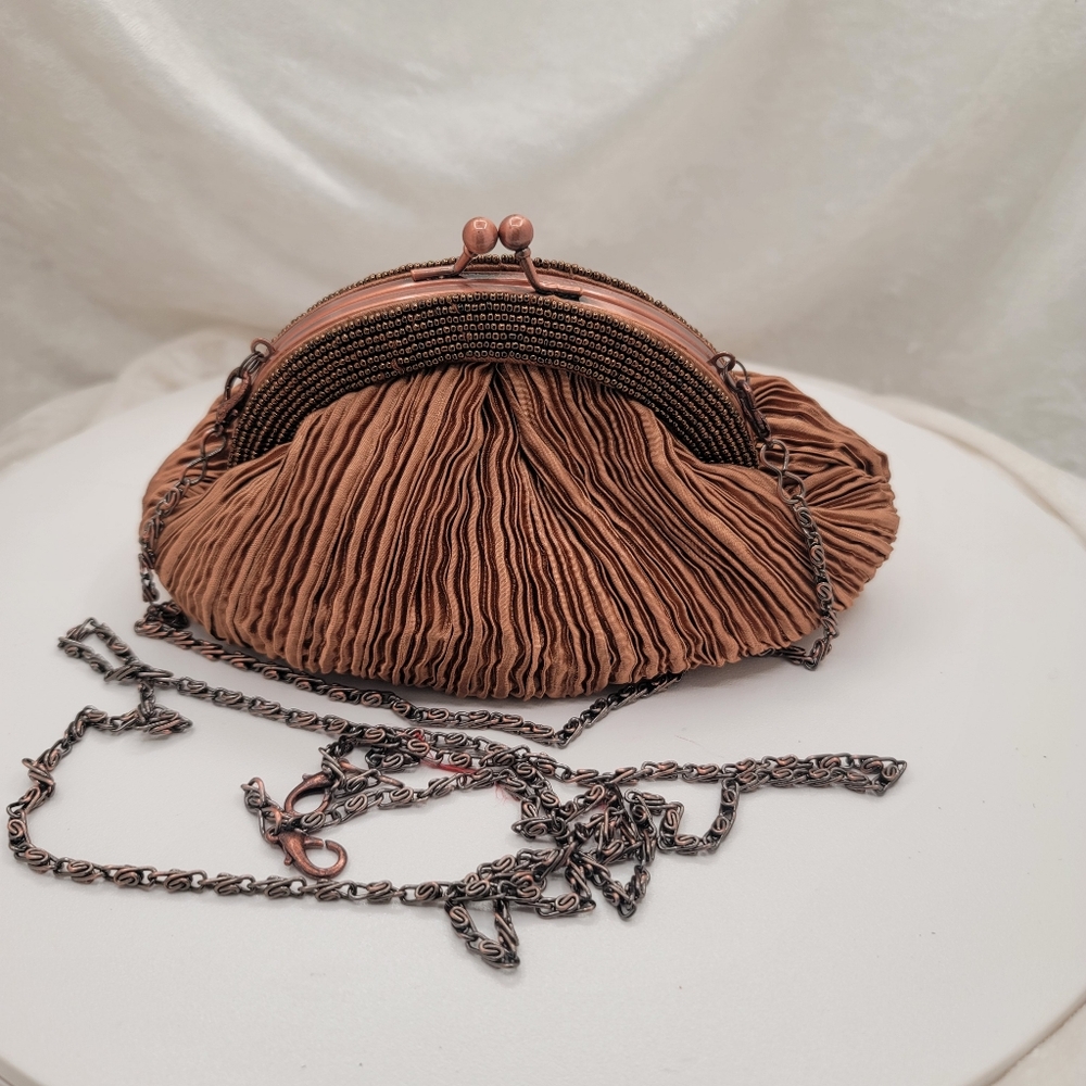 Carlo Fellini Bronze Pleated Satin and Beaded Bag Purse - Picture 4 of 6